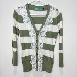 Pleione Green White Rugby Striped Lace Cardigan Women M Y2K Anthro ASO Tween
